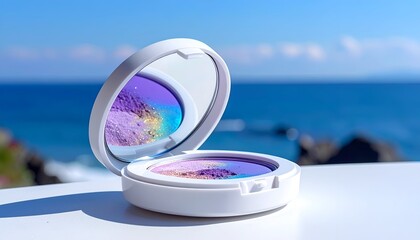 Open compact makeup case with a mirror reflecting a swirling mix of colors