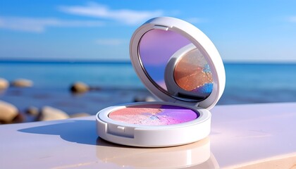 Makeup compact near water, open, reflecting sky