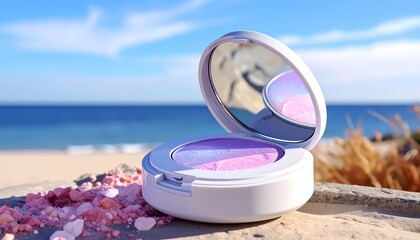 Open makeup compact, purple/pink shimmer, cracked on surface, ocean backdrop