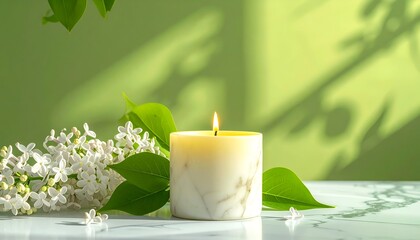 Lit candle, white flowers, and green foliage against a pale green backdrop
