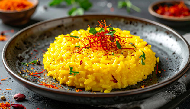 Creamy saffron risotto with vibrant golden rice, delicately garnished with saffron threads and fresh herbs.