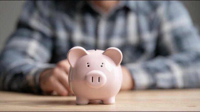 Person's hand putting a coin into a pink piggy bank on a wooden table to save money