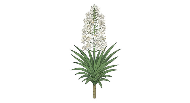A detailed botanical illustration showcasing a majestic flowering plant with a towering white inflorescence and lush green sword-shaped leaves