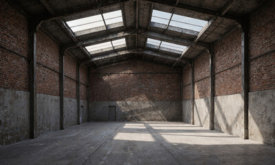 Fototapeta premium Warehouse with Skylights. A large, empty warehouse with a concrete floor and brick walls. The ceiling has several large skylights