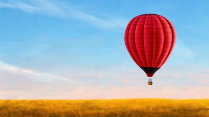 Fototapeta premium Vibrant Red Hot Air Balloon Soaring Against a Clear Blue Sky Over Golden Fields at Sunset