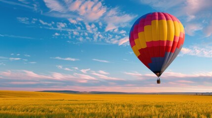 Fototapeta premium Colorful Hot Air Balloon Soaring Over Vibrant Golden Field Under Blue Sky with Fluffy Clouds