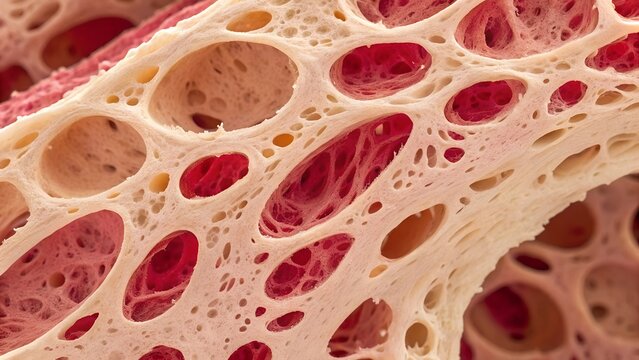 Close-up view of the internal structure of human bone tissue