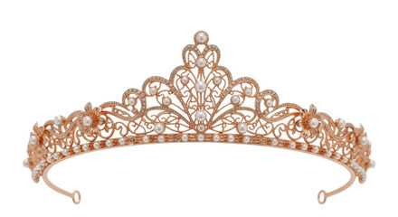 Elegant rose gold tiara with pearls isolated PNG, vintage crown headpiece for wedding, prom, or quinceañera on transparent background © Hugo