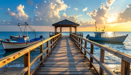 Dock leading to gazebo amidst boats, ocean under cloudy, sunlit sky