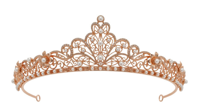 Elegant rose gold tiara with pearls isolated PNG, vintage crown headpiece for wedding, prom, or quincea&ntilde;era on transparent background