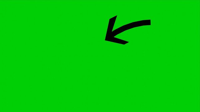 Animated black curved arrow pointing down and left looping on green screen background