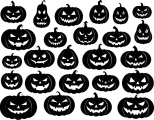 Black silhouette pumpkin collection with carved spooky faces