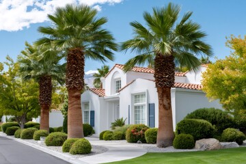 Fototapeta premium Palm trees lining a white Spanish style house