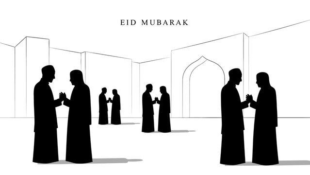 A mosque entrance scene with people arriving for prayer, beautifully illustrating the communal aspect of Eid worship. The perspective adds depth while reinforcing themes of devotion and spiritual gath
