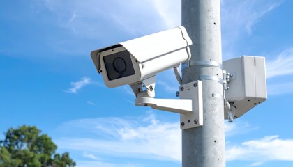 White security camera affixed to pole against bright, partly cloudy, blue sky