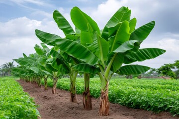 Obraz premium Banana trees growing in agricultural field plantation
