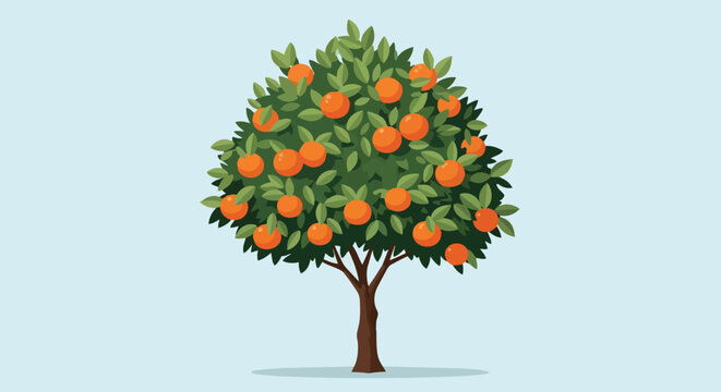 A vibrantly illustrated orange tree showcasing abundant ripe citrus fruits nestled among lush green foliage, rendered with a clean and cheerful flat