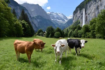 Cows grazing in Lauterbrunnen valley with Staubbach Falls