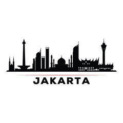 Silhouette of jakarta skyline with notable landmarks and city name