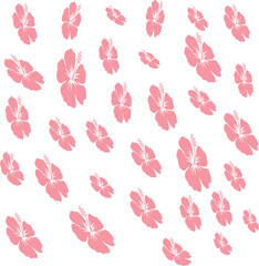 Fototapeta premium Repeating pattern of small light pink hibiscus flowers scattered across a white background in a playful and decorative arrangement