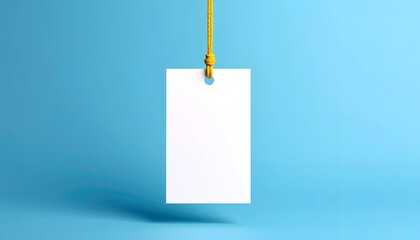 Blank white tag hangs from a yellow cord against a plain blue background
