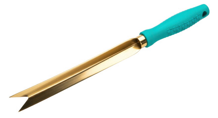 Fototapeta premium Golden garden weeding knife isolated PNG on transparent background, hand tool for removing weeds and cultivating soil