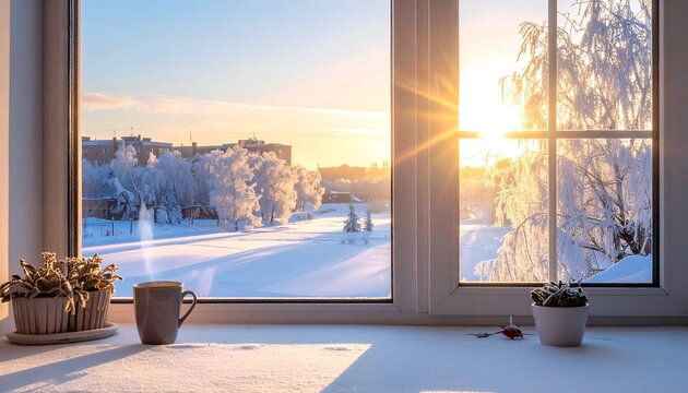 Winter sun shines through window on snowy cityscape, mug and plants inside