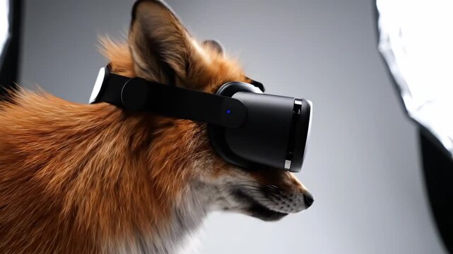 Red fox wearing virtual reality headset in profile view. Animal exploring digital world through VR technology. Fusion of wildlife and innovative tech concept.