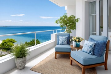 Fototapeta premium Balcony with ocean view and comfortable lounge chairs