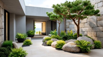 Fototapeta premium Modern courtyard garden design with ocean view