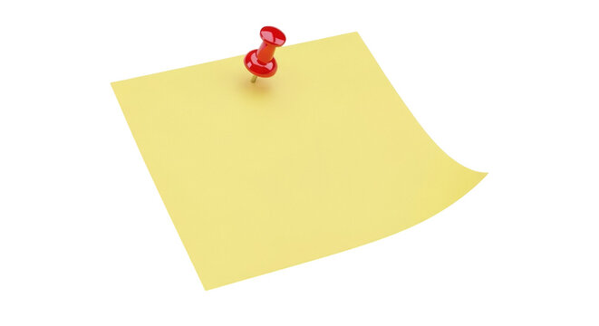 Yellow sticky note with red push pin isolated PNG on transparent background, reminder message for office and personal use