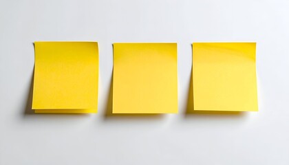 Three yellow sticky notes aligned on a white surface, top curled slightly