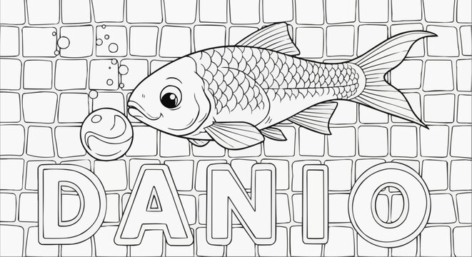 Coloring page of a danio fish swimming next to a marble in an aquarium
