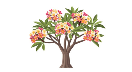Obraz premium Vibrant tropical plumeria tree in full bloom with colorful flowers and lush green foliage, showcasing serene natural beauty in a crisp illustration