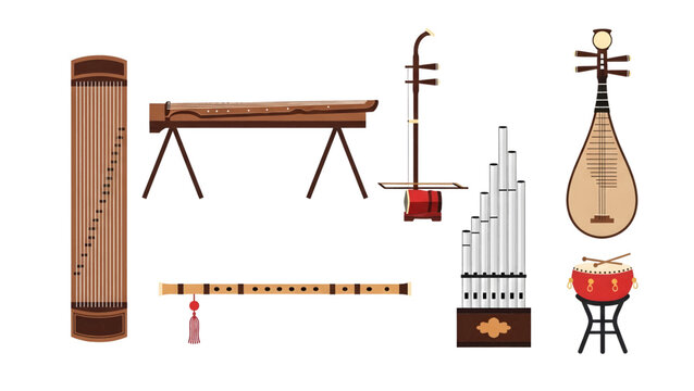 Collection of  Traditional Chinese musical instruments on display.