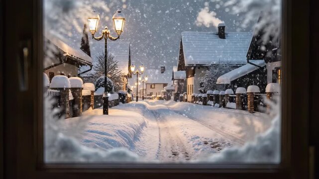 Pov view through window of snowy village street at night. Lit lamps along path with snow covered houses. Winter night landscape sequence showing peaceful rural scene with falling snow.