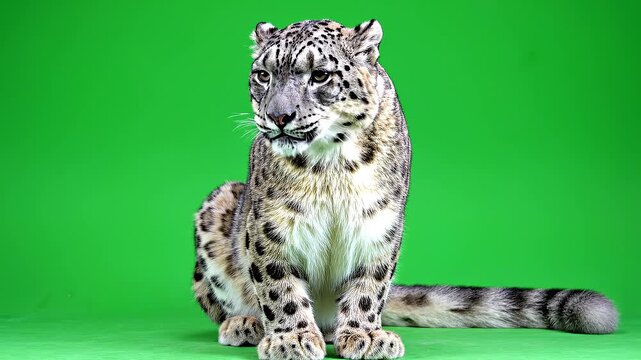Majestic Snow Leopard Poses Gracefully Against a Vibrant Green Screen Background.
