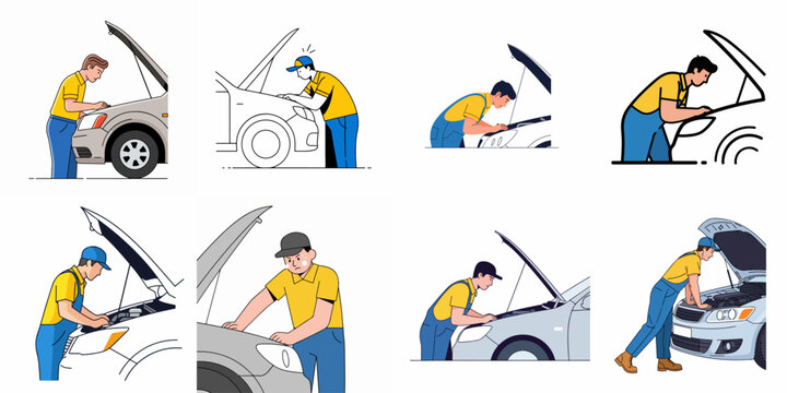Mechanic inspecting car engine under open hood vector illustration set for auto repair and breakdown service concepts in various styles.
