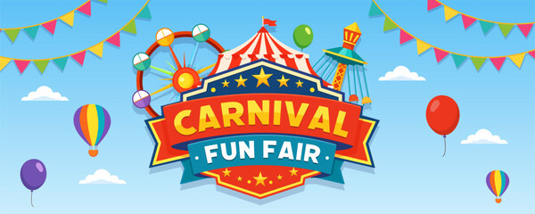 Horizontal carnival fun fair banner featuring circus tent balloons ferris wheel and festive decorations ideal for event headers promotions and announcements. © Mubashshir