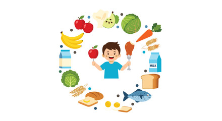 Obraz premium Young boy stands in the middle of a circle of healthy foods like fruits and vegetables to promote a balanced diet.