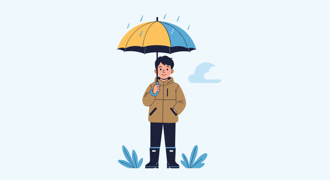 Young man in a brown jacket stands under a yellow and blue umbrella while it rains on a simple blue background.