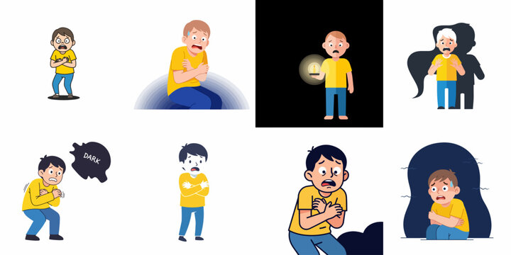 Set of vector illustrations depicting Nyctophobia, showing a scared person afraid of the dark, panic, anxiety, and vulnerability.
