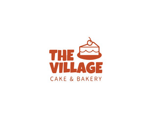 The village cake and bakery logo design featuring bold orange text and a simple graphic of a slice of cherry topped cake symbolizing sweet treats and local craftsmanship.