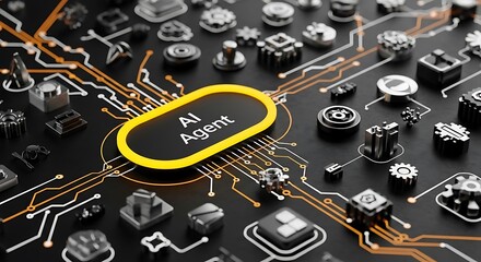 Closeup of a circuit board with A I Agent label and various electronic components AI Agent yellow label