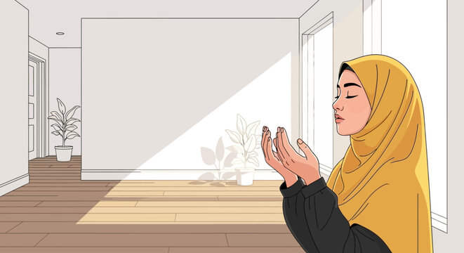 Young Muslim Woman Praying in Yellow Hijab in Sunlit Room
