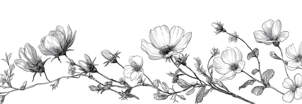 vector floral hand-drawn line art vector flowers and leaves for wedding design elements, isolated on a white background. black outline sketch illustration of a decorative summer or spring flower branc