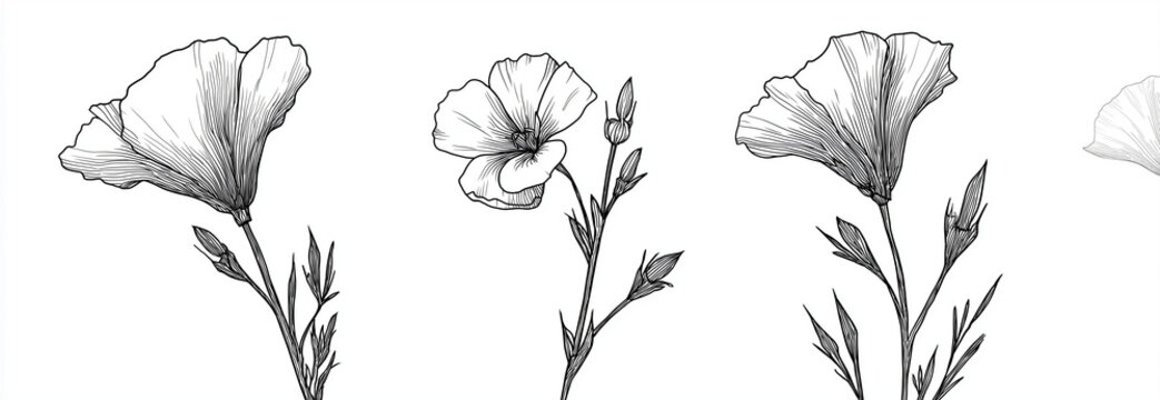 vector floral hand-drawn line art vector flowers and leaves for wedding design elements, isolated on a white background. black outline sketch illustration of a decorative summer or spring flower branc