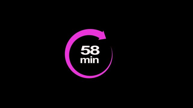 58 minute circle clock icon animation, circular arrow with 58 minute text animation. Digital and analog clock 58 minutes reminder 4k video motion graphic.