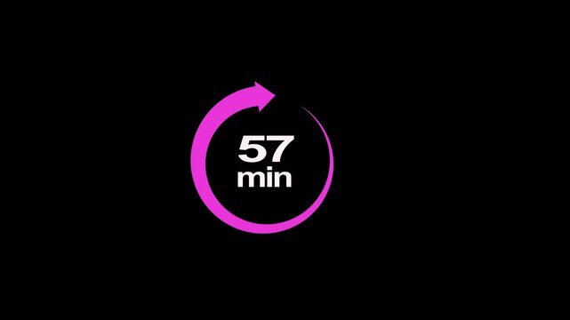 57 minute circle clock icon animation, circular arrow with 57 minute text animation. Digital and analog clock 57 minutes reminder 4k video motion graphic.
