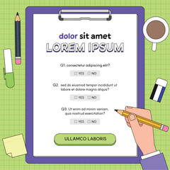 line art stylized illustration of a hand filling out a survey form on a purple clipboard